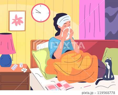 Sick woman in blanket. Unwell girl cold ill flu in bed cover blanket, illness recovery lady sneeze with paper towel seasonal sickness home treatment, classy vector illustration 119568778