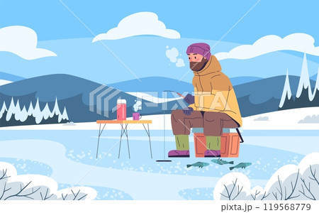Winter fishing. Fisherman catch fish from ice hole in frozen river forest lake snow nature cartoon landscape, fisher man character with spinning rod, classy vector illustration Winter fishing. Fisherman catch fish from ice hole in frozen river forest lake snow nature cartoon landscape, fisher man character with spinning rod, classy vector illustration 119568779