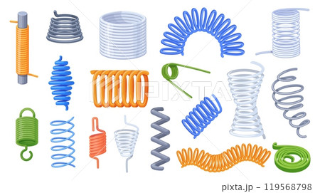 Cartoon metal springs. Slinky coil spiral steel wire or pressure spring for shock jump, curve flexible twist cord automobile suspension springy cable set, neat vector illustration 119568798