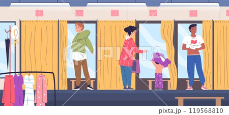 Fashion fitting room. People choose and trying apparel mirror in dressing cabin curtains clothing shop mall store interior, new trendy clothes shopping, classy vector illustration Fashion fitting room. People choose and trying apparel mirror in dressing cabin curtains clothing shop mall store interior, new trendy clothes shopping, classy vector illustration 119568810