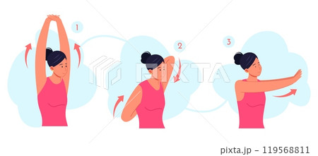 Woman stretching hands. Female person stretch posture exercise for pulling arm back neck shoulder elbow, pain treatment girl physical exercise in home or office vector illustration 119568811
