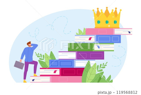 Steps books to goal. Businessman step up on stack books to crown, entrepreneur success career staircase book education leadership growth target achievement vector illustration 119568812