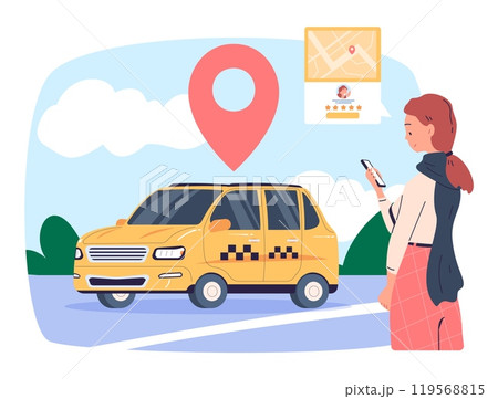 Cabs rent service. Taxi transportation sharing mobile app costomer, woman passenger with smartphone waiting searching renting car, internet review driver rating vector illustration Cabs rent service. Taxi transportation sharing mobile app costomer, woman passenger with smartphone waiting searching renting car, internet review driver rating vector illustration 119568815
