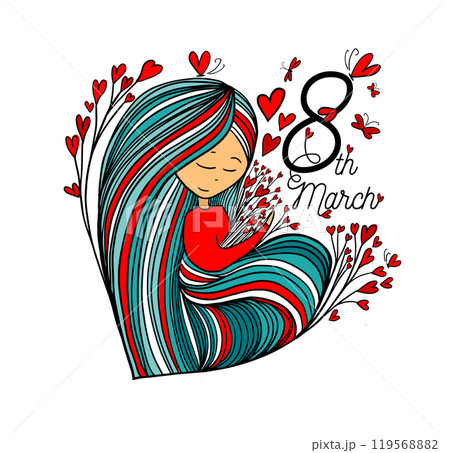 Happy March 8th. Girl with hearts. hand drawn. Not AI, Vector illustration 119568882