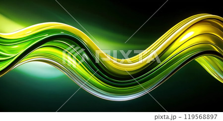 Colorful and flowing green and yellow waves create an abstract design, evoking motion and fluidity against a dark background 119568897