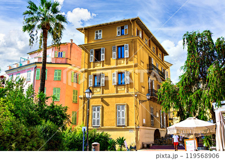 Colorful streets of the historic center of the city of Menton on the French Riviera, Cote d'Azur, France Colorful streets of the historic center of the city of Menton on the French Riviera, Cote d'Azur, France 119568906