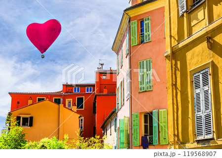 Colorful streets of the historic center of the city of Menton on the French Riviera, Cote d'Azur, France 119568907