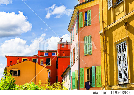 Colorful streets of the historic center of the city of Menton on the French Riviera, Cote d'Azur, France 119568908