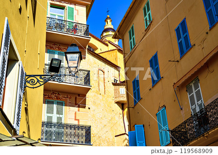 Colorful streets of the historic center of the city of Menton on the French Riviera, Cote d'Azur, France Colorful streets of the historic center of the city of Menton on the French Riviera, Cote d'Azur, France 119568909