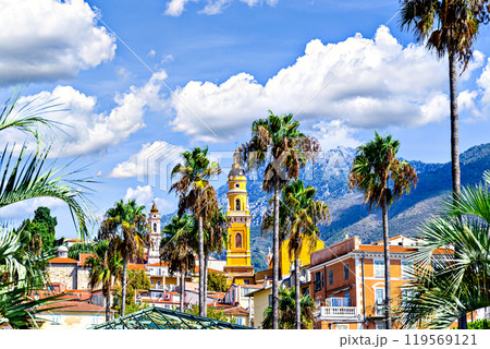 Bell tower of the Basilica of Saint Michael the Archangel in the historic center of the city of Menton on the French Riviera, Cote d'Azur, France 119569121