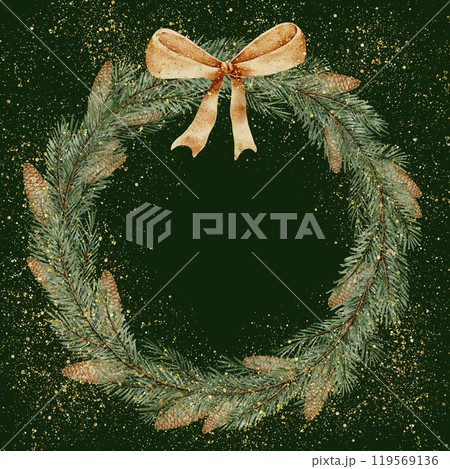 Christmas tree branches wreath with cones and golden ribbon. Watercolor illustration of Template with fir twigs for holiday greeting cards or party invitations on dark background. Round border. 119569136