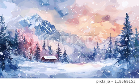 Watercolor winter house in mountains. Snowy forest scene bungalow mountain landscape painting art drawing, rural home snow village trees snowfall frost weather vector illustration 119569153