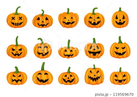 Vector Cartoon Pumpkins Collection with Carved Faces. Flat Colorful Pumpkin Stickers Set. Design Templates for Halloween, Fall, Harvest. Cute and Fun Simple Pumpkin Illustrations Vector Cartoon Pumpkins Collection with Carved Faces. Flat Colorful Pumpkin Stickers Set. Design Templates for Halloween, Fall, Harvest. Cute and Fun Simple Pumpkin Illustrations 119569670