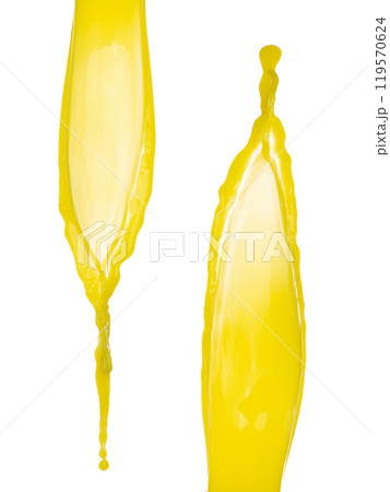 Yellow liquid flying explosion, pigment corn banana juice fresh float pour in mid air. Yellow paint color splash spill drop abstract. White background Isolated high speed shutter, throwing freeze stop Yellow liquid flying explosion, pigment corn banana juice fresh float pour in mid air. Yellow paint color splash spill drop abstract. White background Isolated high speed shutter, throwing freeze stop 119570624