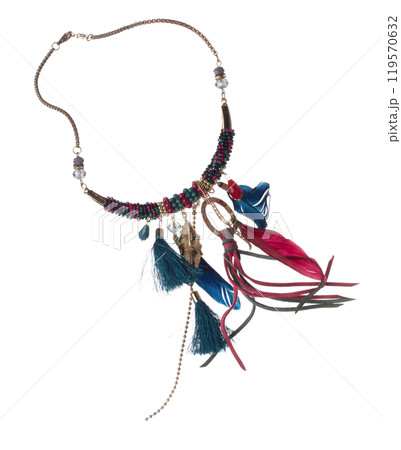 Precious jewel bead style necklet fly in air. Precious Jewelry bead necklace as gemstone for fashion ornament decorative items. Fashion ornament necklace to add more style. White background isolated 119570632