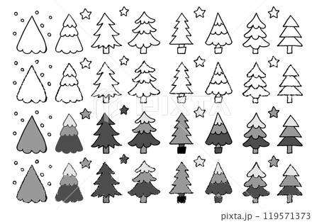 モノクロのクリスマスツリーの手描きイラストセット モノクロのクリスマスツリーの手描きイラストセット 119571373