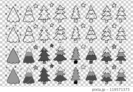 モノクロのクリスマスツリーの手描きイラストセット モノクロのクリスマスツリーの手描きイラストセット 119571373