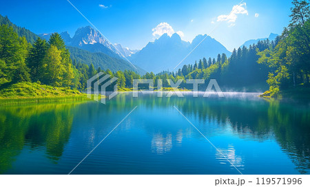 静かな湖と山々の美しい風景のイラスト素材 [119571996] - PIXTA