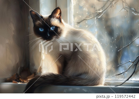 Elegant Siamese Cat on Sunlit Windowsill for Home Decor and Pet-Themed Art 119572442