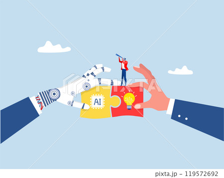 Artificial Intelligence Robot Hand And Businessman Hand holding different pieces of puzzle Partners robot machine and human cooperation vector illustrator Artificial Intelligence Robot Hand And Businessman Hand holding different pieces of puzzle Partners robot machine and human cooperation vector illustrator 119572692
