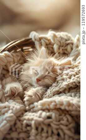Tranquil Fluffy Kitten Sleeping in Cozy Basket for Pet-Themed Design and Decor 119572693