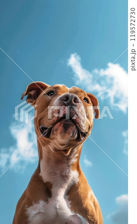 Portrait of a Happy Pit Bull Against Bright Blue Sky for Pet Lovers and Animal Enthusiasts 119572730