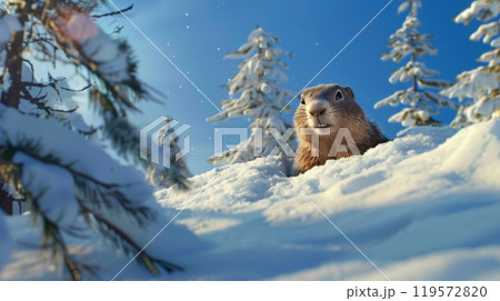 Groundhog Day: Cheerful Groundhog Emerging in Snowy Winter Landscape with Blue Skies 119572820
