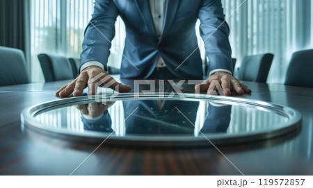 Corporate Leader Polishing Reflection Mirror for Reputation Management in Boardroom Setting 119572857