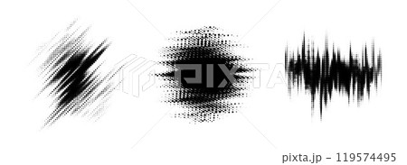 Glitch halftone line element set. Dotted texture geometric form collection. Grunge jagged comic pop art shapes for banner, poster, collage, overlay, label, box, blot. Distressed vector bundle 119574495