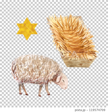 Wooden manger, sheep and a star watercolor set isolated on white. Hand painted perfect for cards, stickers, celebration of true Christmas, decoration design. Christian tradition clipart Wooden manger, sheep and a star watercolor set isolated on white. Hand painted perfect for cards, stickers, celebration of true Christmas, decoration design. Christian tradition clipart 119574709