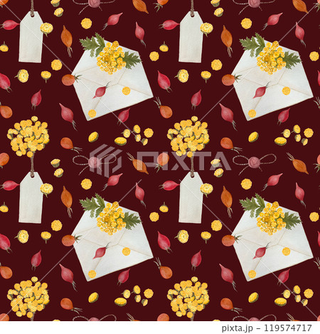 Blue tansy yellow flowers, rose hips and an open envelope watercolor seamless pattern on red brown background. Hand painted image great for textile, herbal production, packages decor, wrapping paper Blue tansy yellow flowers, rose hips and an open envelope watercolor seamless pattern on red brown background. Hand painted image great for textile, herbal production, packages decor, wrapping paper 119574717