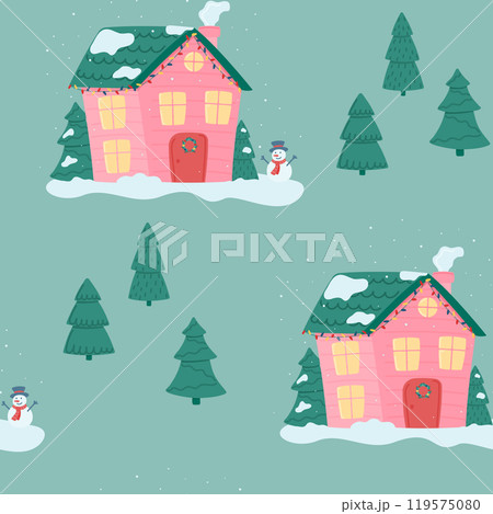 Seamless pattern of colorful houses, snowmen and fir trees. Vector illustration in a flat style. 119575080