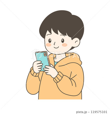 Cute Boy Cartoon Character Playing Gadget with Smile Expression 119575101