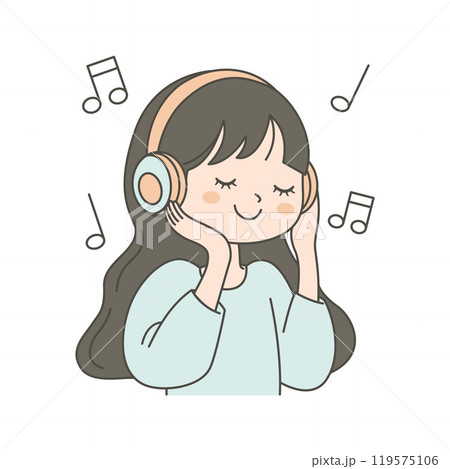 Cute Girl Cartoon Character Listening Music with Headphone 119575106