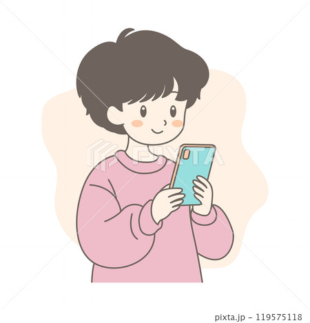 Cute Boy Cartoon Character Playing Gadget with Smile Expression 119575118