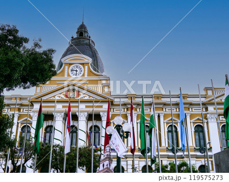 たくさんの旗が掲揚されているムリリョ広場にある国会議事堂（ボリビアの都市ラパスの風景） 119575273