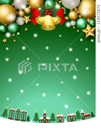 クリスマス背景、街並み、オーナメント、緑、縦、雪、かわいい、イラスト 119575672