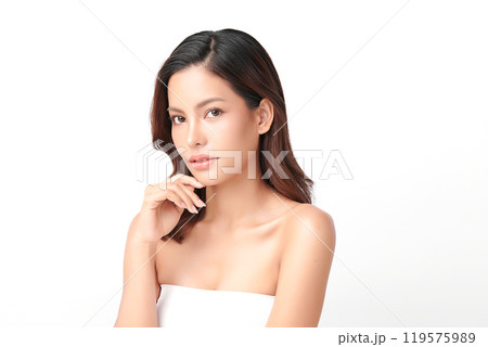 Beautiful young asian woman with clean fresh skin on white background, Face care, Facial treatment, Cosmetology, beauty and spa, Asian women portrait. Beautiful young asian woman with clean fresh skin on white background, Face care, Facial treatment, Cosmetology, beauty and spa, Asian women portrait. 119575989