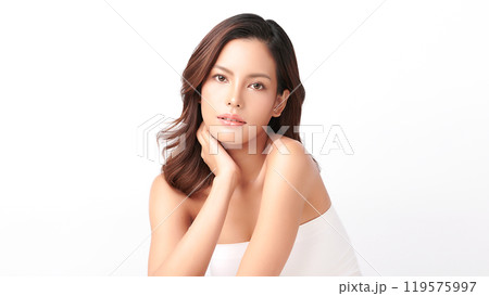 Beautiful young asian woman with clean fresh skin on white background, Face care, Facial treatment, Cosmetology, beauty and spa, Asian women portrait. Beautiful young asian woman with clean fresh skin on white background, Face care, Facial treatment, Cosmetology, beauty and spa, Asian women portrait. 119575997