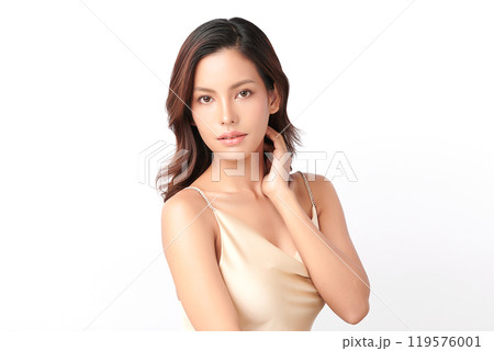 Beautiful young asian woman with clean fresh skin on white background, Face care, Facial treatment, Cosmetology, beauty and spa, Asian women portrait. Beautiful young asian woman with clean fresh skin on white background, Face care, Facial treatment, Cosmetology, beauty and spa, Asian women portrait. 119576001