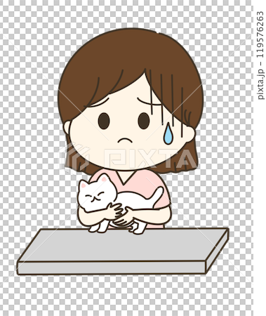 A cute and relaxed illustration of a nurse looking worried while holding a cat to keep it from moving 119576263