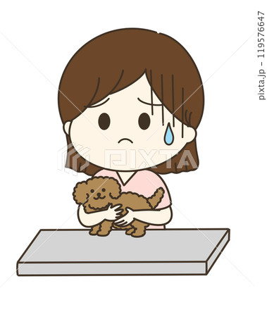 犬を台の上で動かないように抱いている不安な看護師さんのゆるかわイラスト 119576647