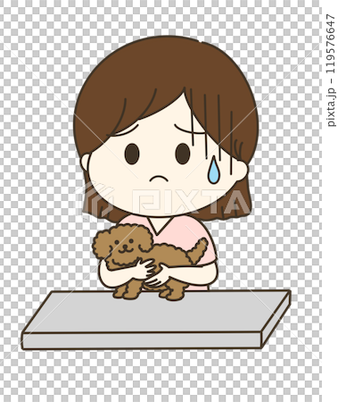 犬を台の上で動かないように抱いている不安な看護師さんのゆるかわイラスト 119576647