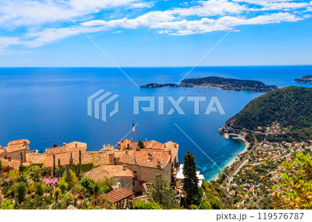 View of the Mediterranean coastline from the top of the Eze village in French Riviera, France 119576787