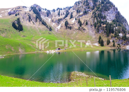 View of the Lake Hinterstocken at the foot of Stockhorn peak in Bernese Oberland, Switzerland 119576806