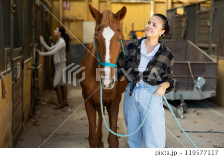 Woman with tethered horse in stable Woman with tethered horse in stable 119577117