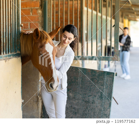 Young woman leads horse out of stable 119577162