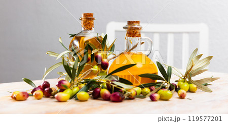Olive oil in decanters and bottles Olive oil in decanters and bottles 119577201