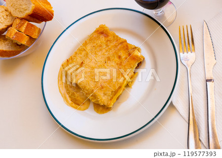Lasagna on plate in restaurant Lasagna on plate in restaurant 119577393
