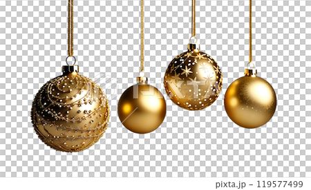 金色のクリスマスボール(背景透過)アルファチャンネル付PNG。 クリスマス装飾。AI生成 119577499